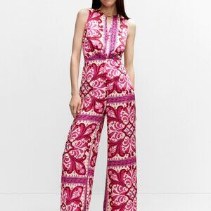 Mango MNG Pink/Red floral print satin jumpsuit Sz XS NWT